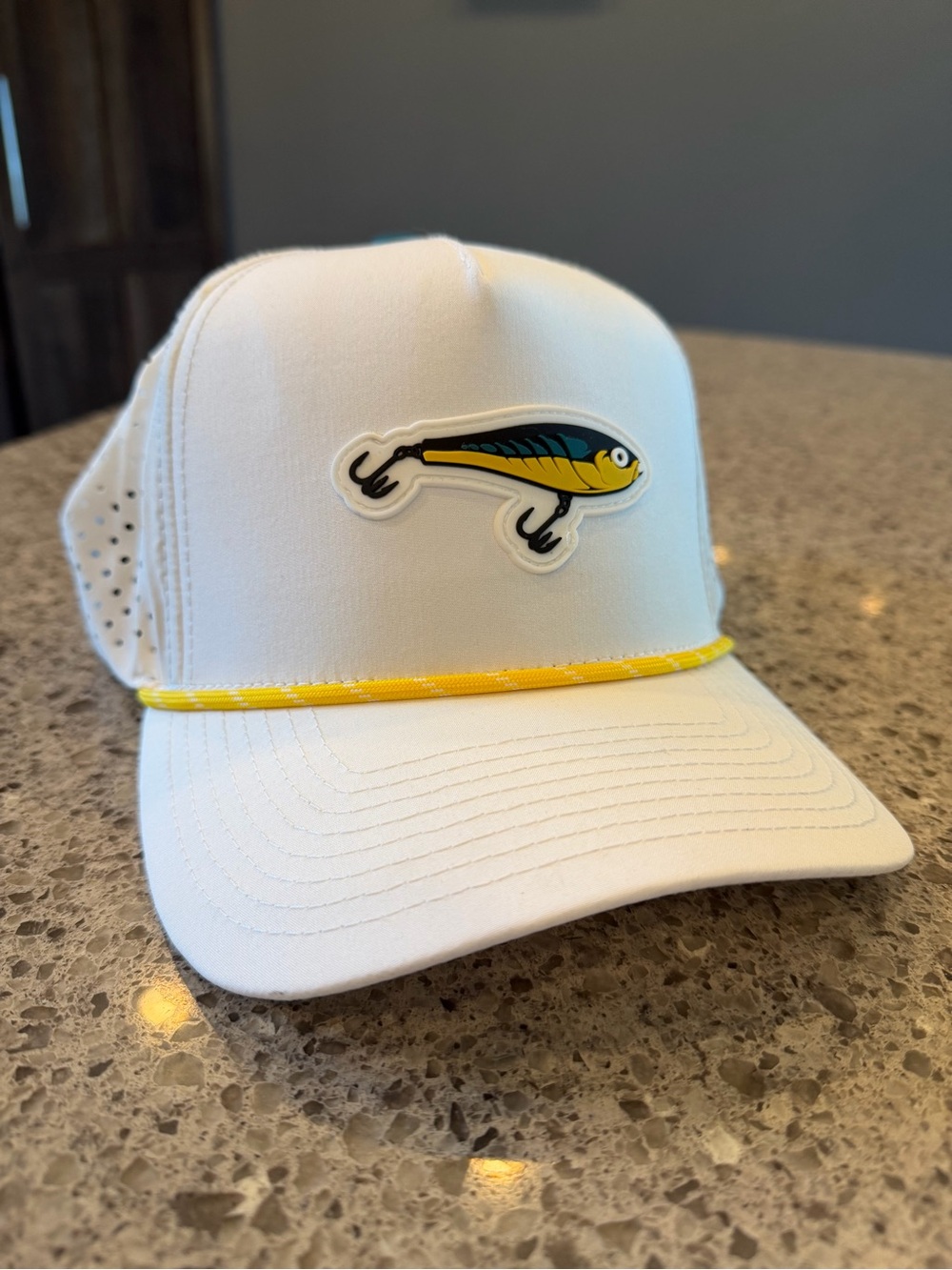 Pins & Aces White Hat with Yellow Fish Patch